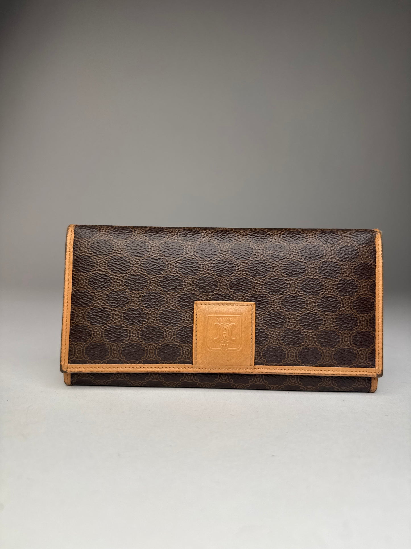 Vintage Celine Paris Triomphe Monogram Leather Wallet Brown