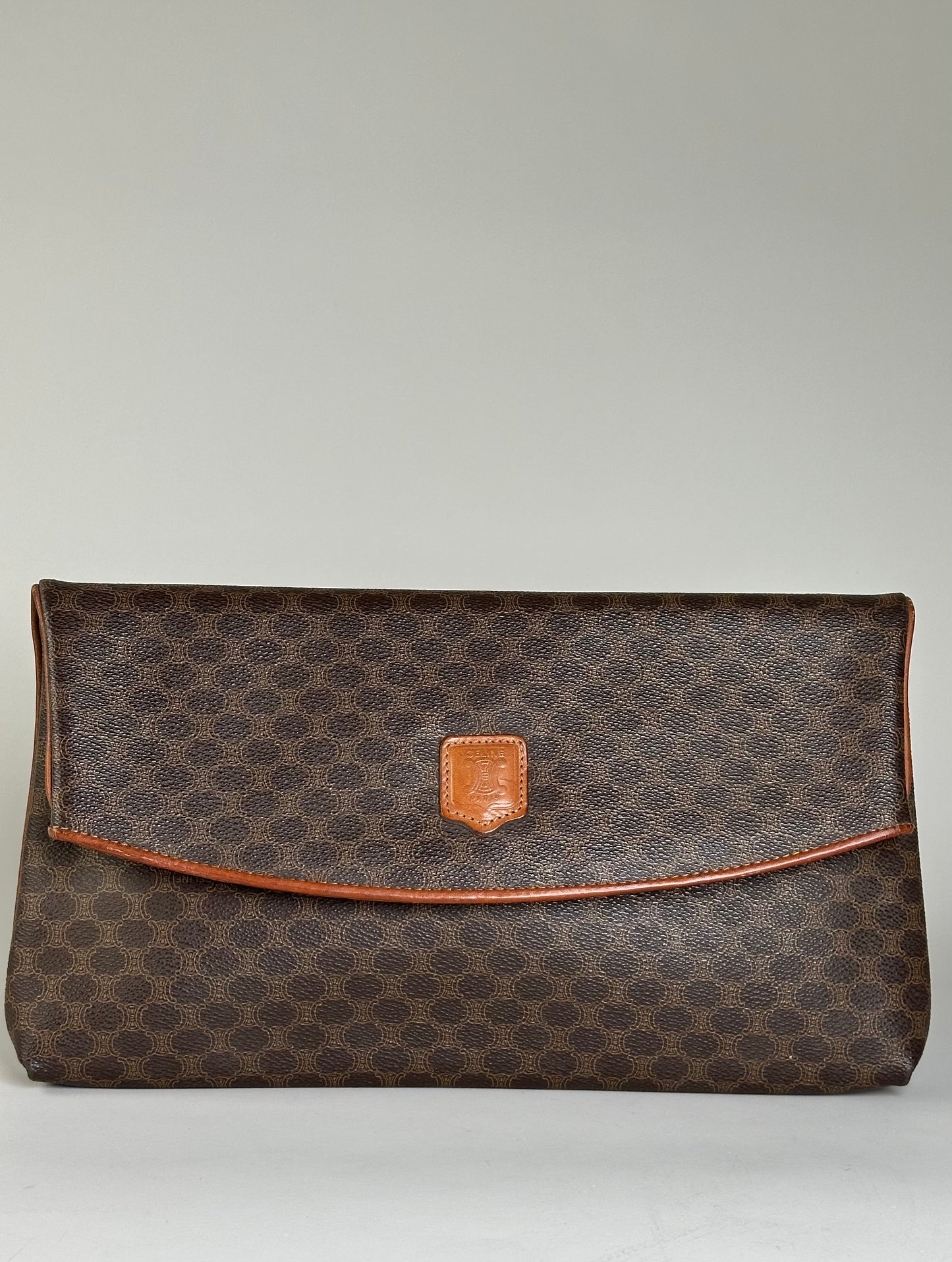 Vintage Celine Coated Canvas Clutch Bag Brown Tan Gold
