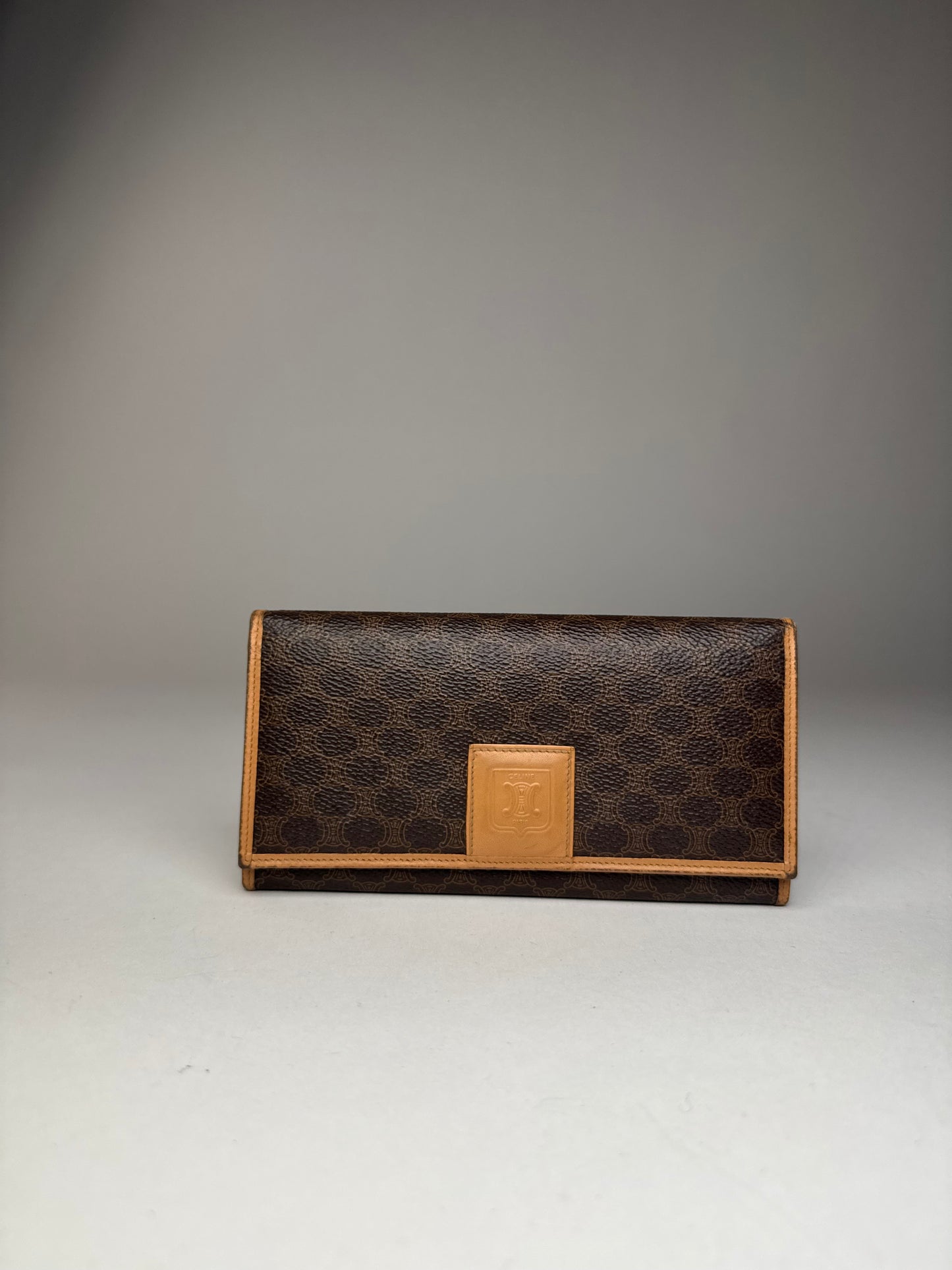 Vintage Celine Paris Triomphe Monogram Leather Wallet Brown