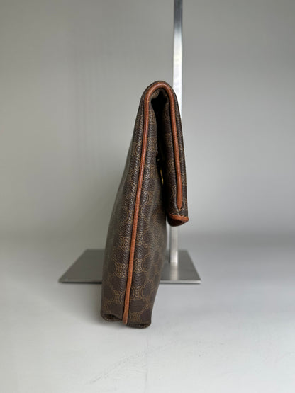 Vintage Celine Coated Canvas Clutch Bag Brown Tan Gold