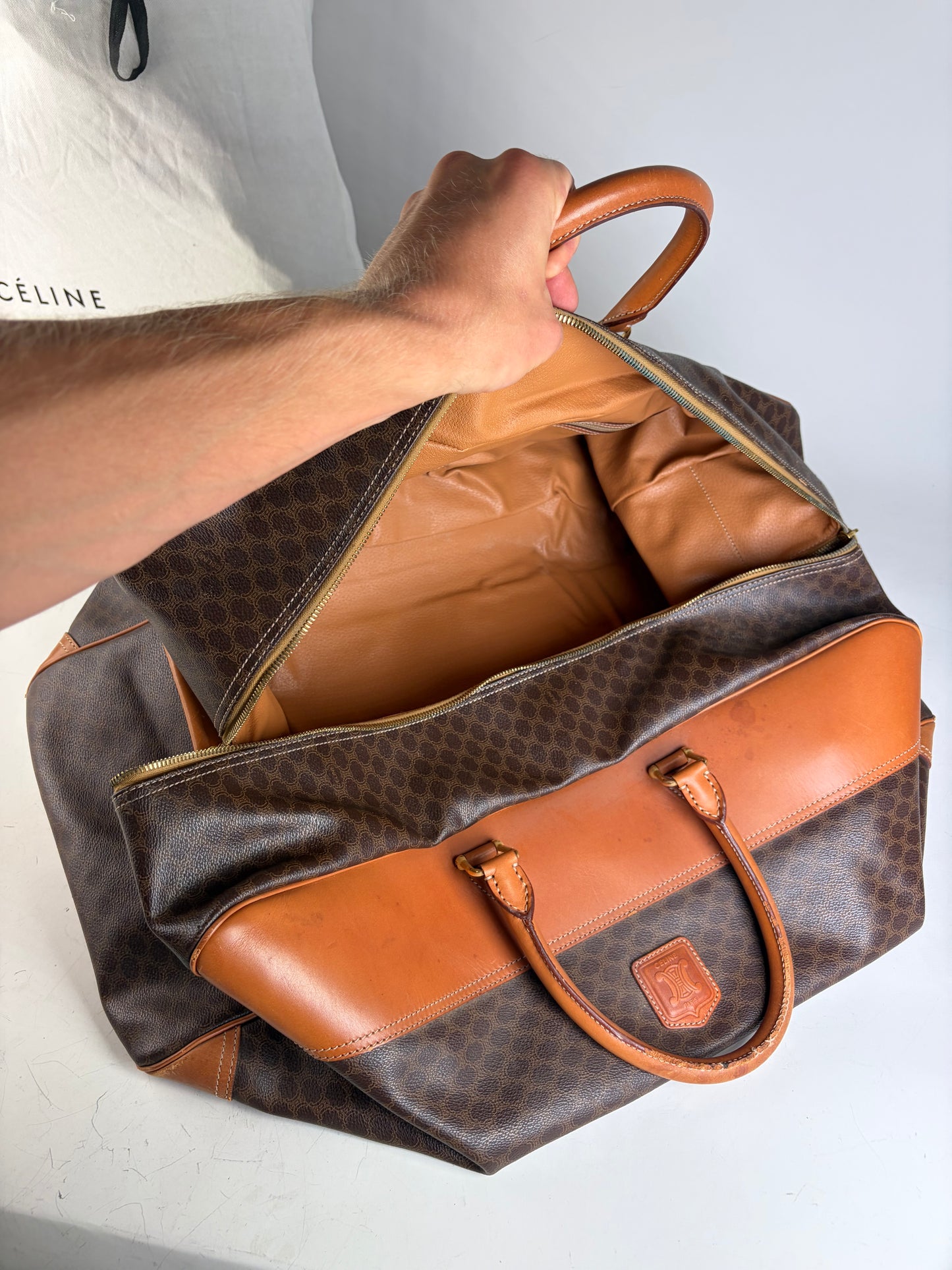 Vintage Celine Macadam Canvas Duffle Bag Brown Tan