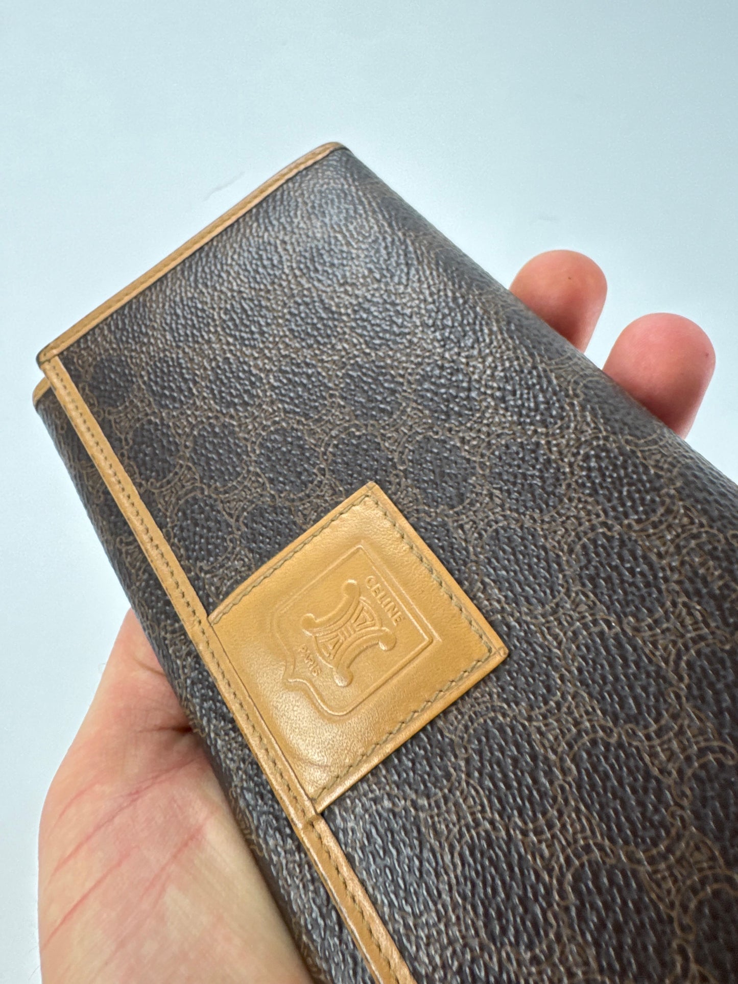 Vintage Celine Paris Triomphe Monogram Leather Wallet Brown