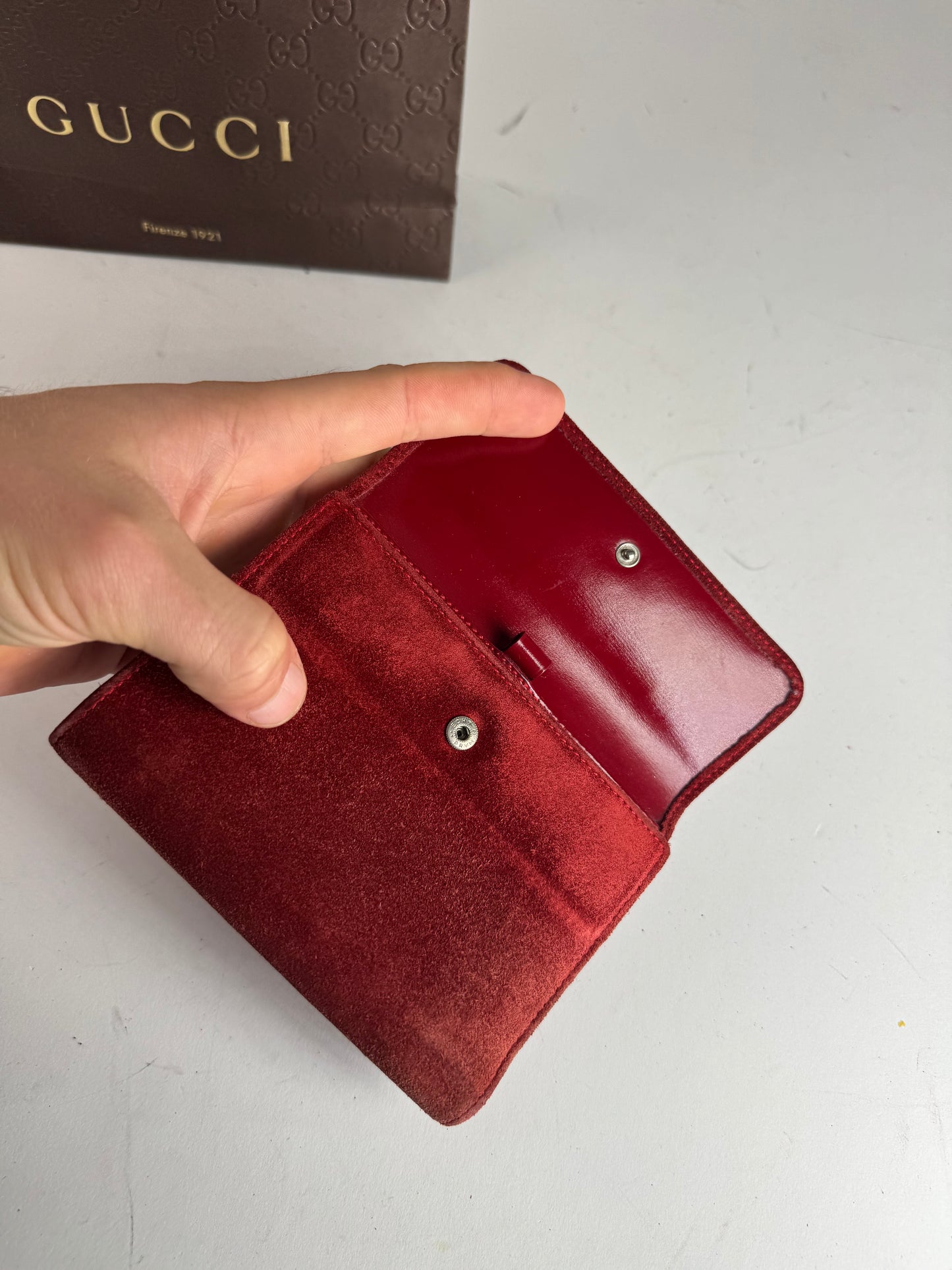 Vintage Gucci Suede & Patent Leather Horsebit Organizer / Wallet Red