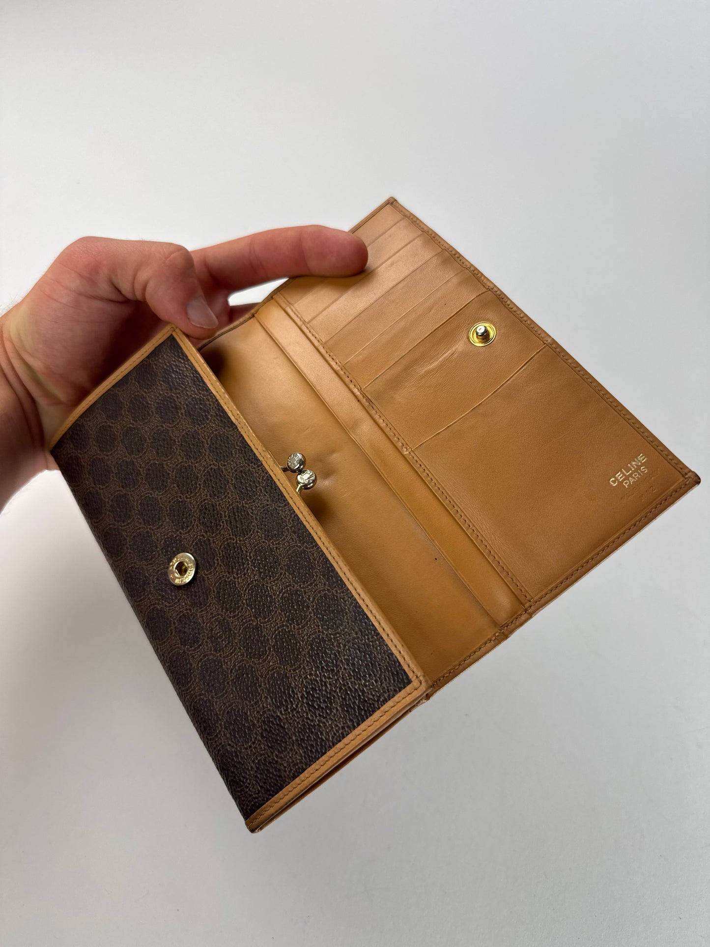 Vintage Celine Paris Triomphe Monogram Leather Wallet Brown