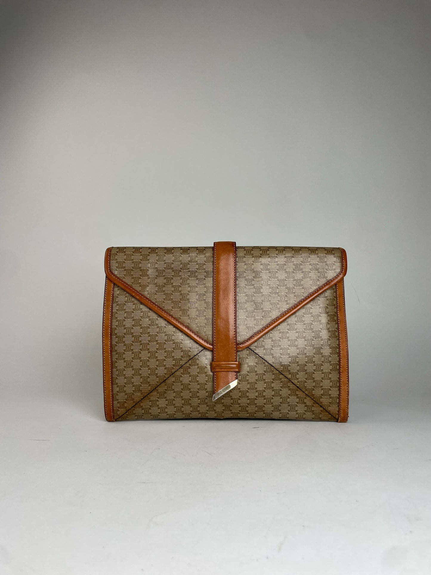 Vintage Celine Triomphe Monogram Leather Clutch Beige Brown