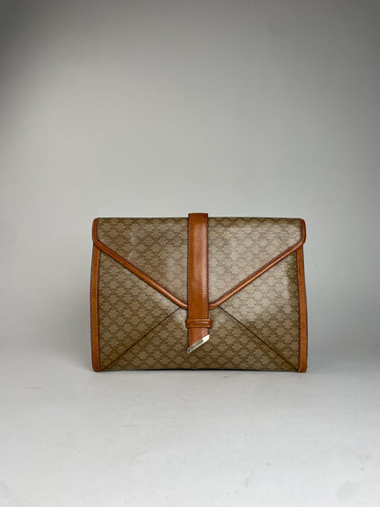 Vintage Celine Triomphe Monogram Leather Clutch Beige Brown