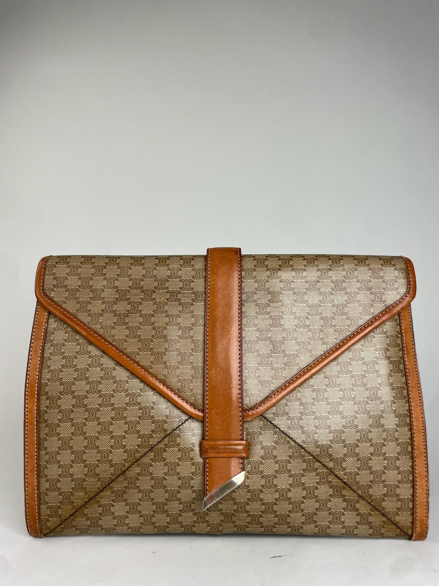 Vintage Celine Triomphe Monogram Leather Clutch Beige Brown