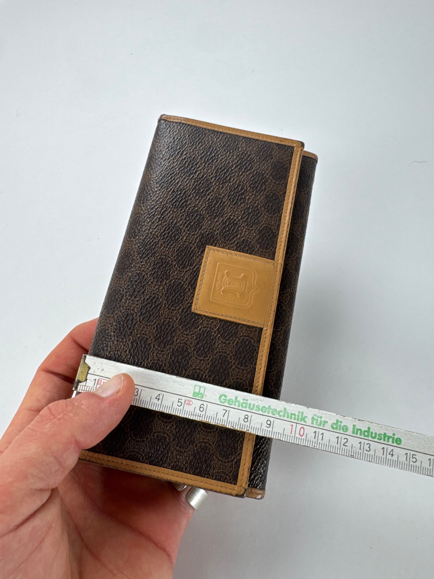 Vintage Celine Paris Triomphe Monogram Leather Wallet Brown
