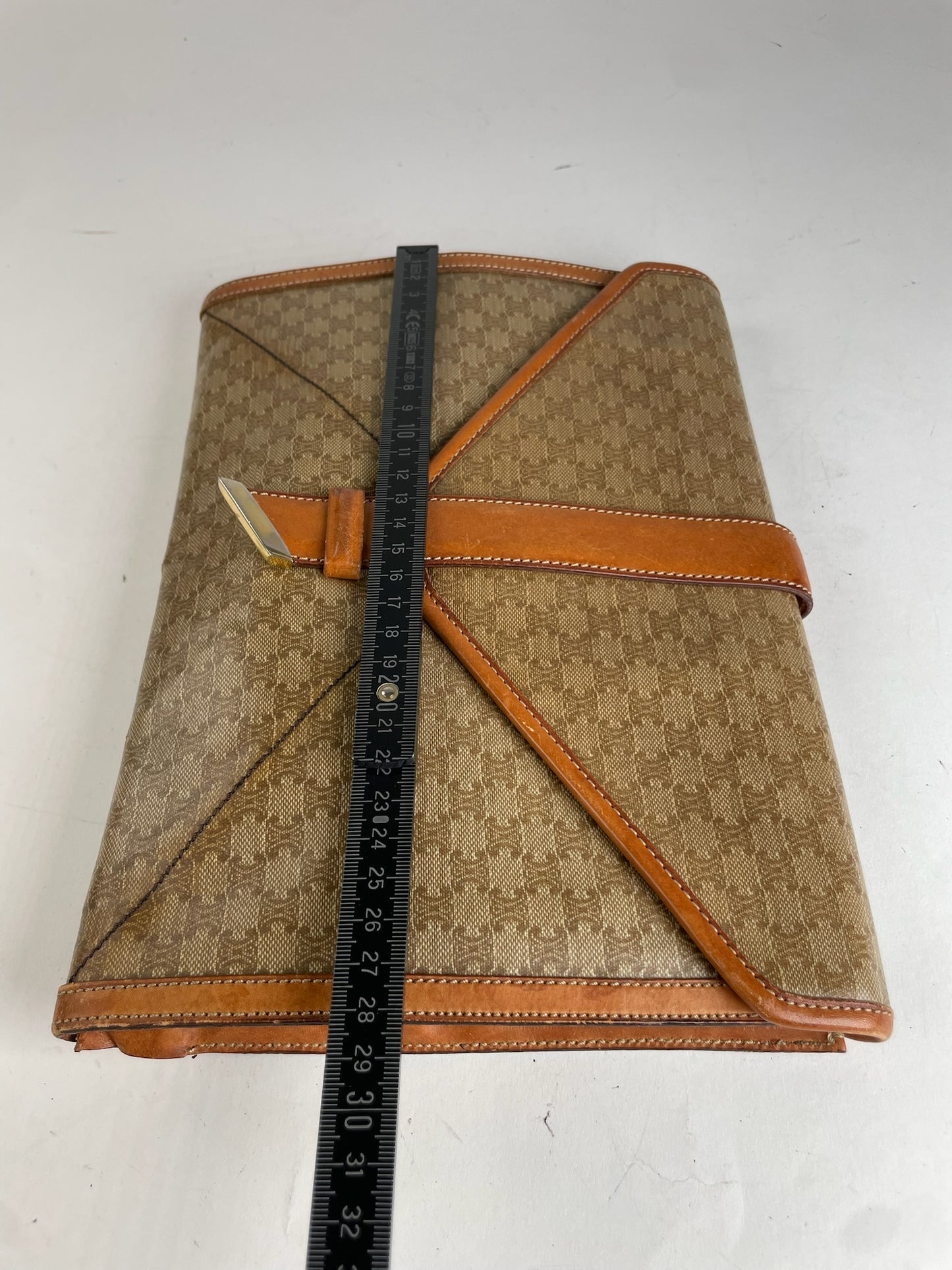 Vintage Celine Triomphe Monogram Leather Clutch Beige Brown