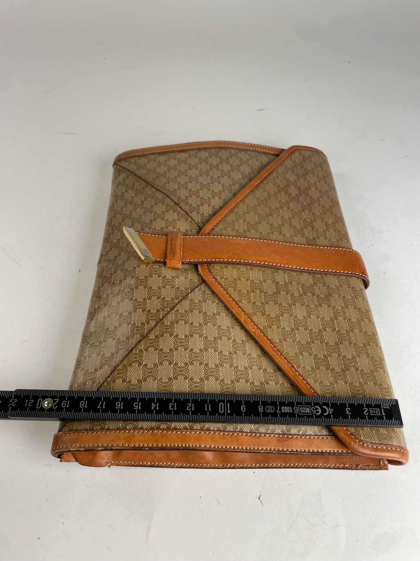 Vintage Celine Triomphe Monogram Leather Clutch Beige Brown