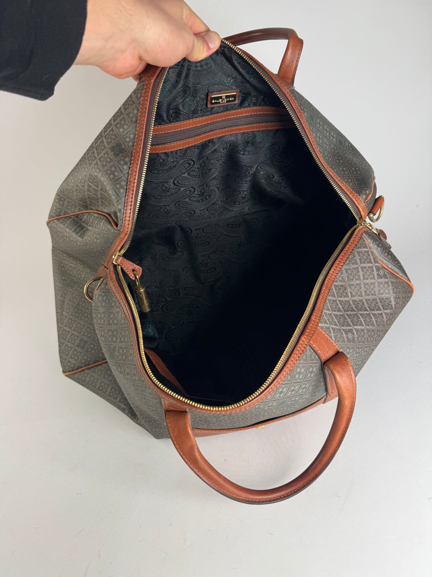 Vintage Balenciaga Abstract Leather Dufdel Bag Green Brown