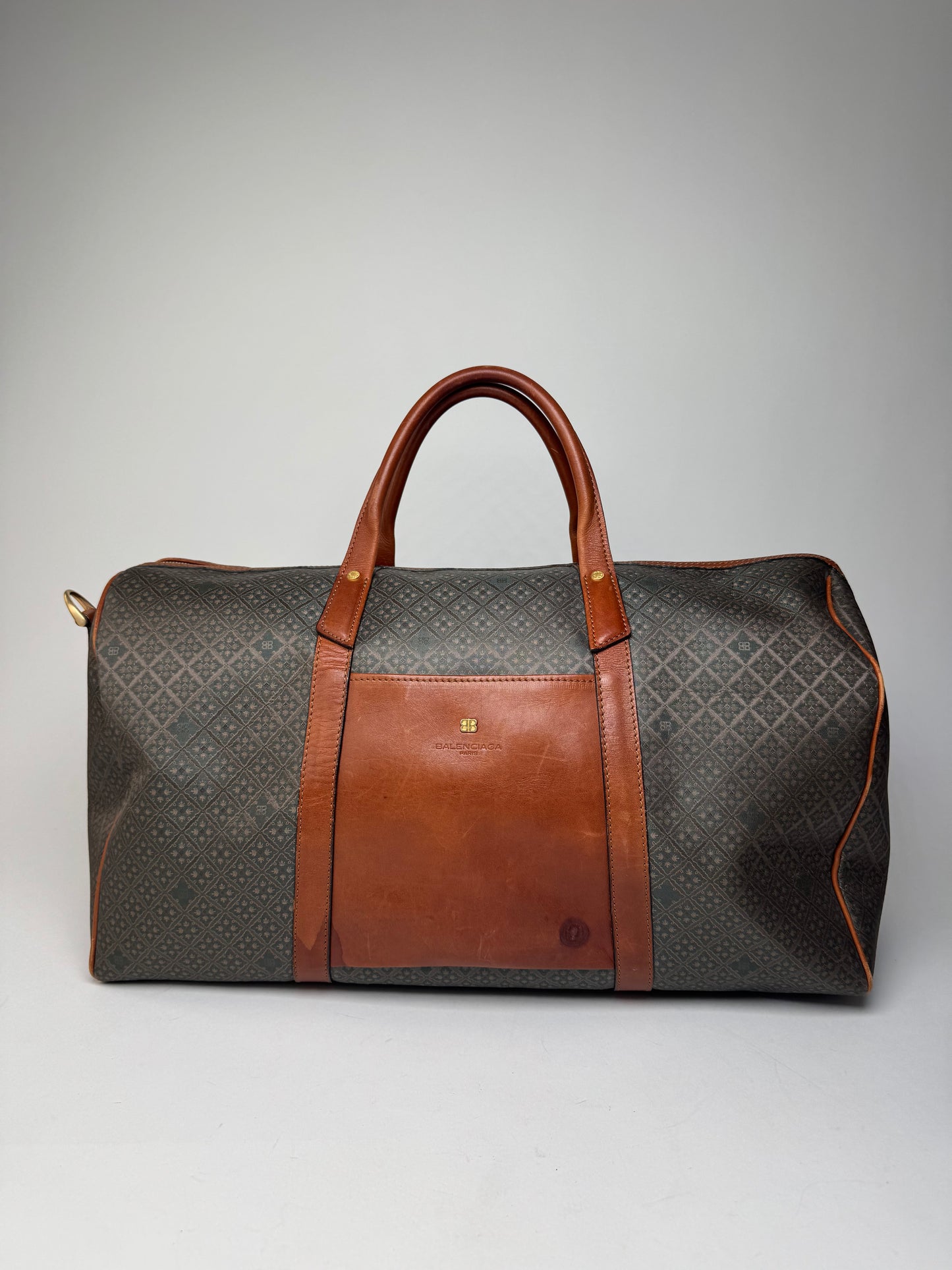 Vintage Balenciaga Abstract Leather Dufdel Bag Green Brown