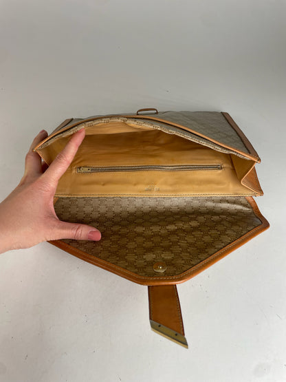 Vintage Celine Triomphe Monogram Leather Clutch Beige Brown
