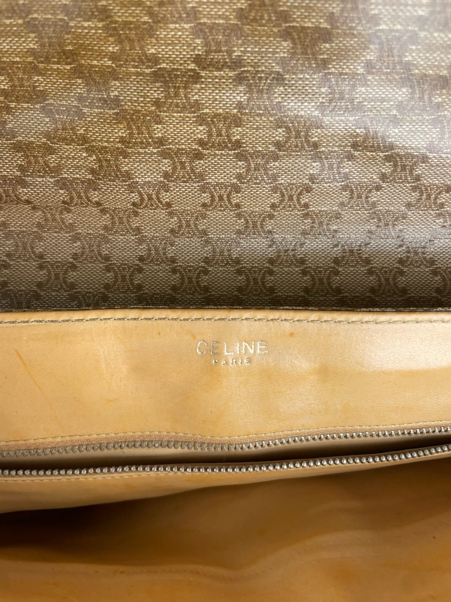 Vintage Celine Triomphe Monogram Leather Clutch Beige Brown