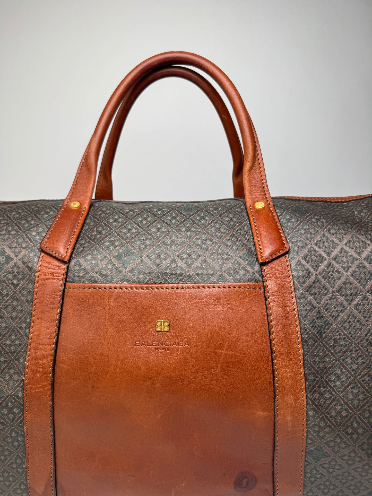 Vintage Balenciaga Abstract Leather Dufdel Bag Green Brown