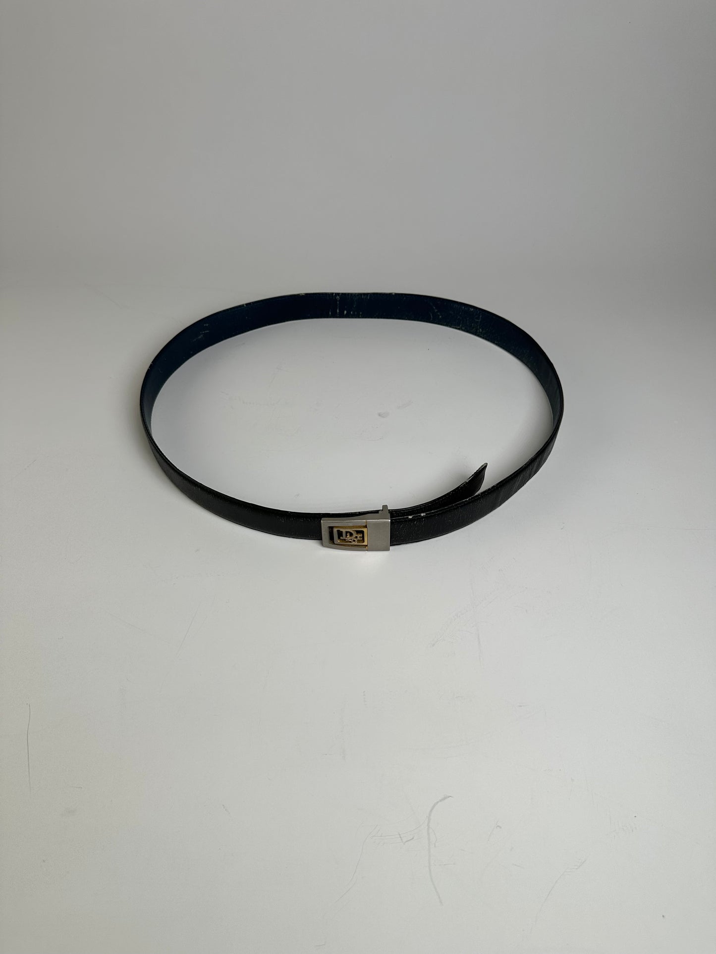 Vintage Dior Monogram Logo Leather Belt Black Silver