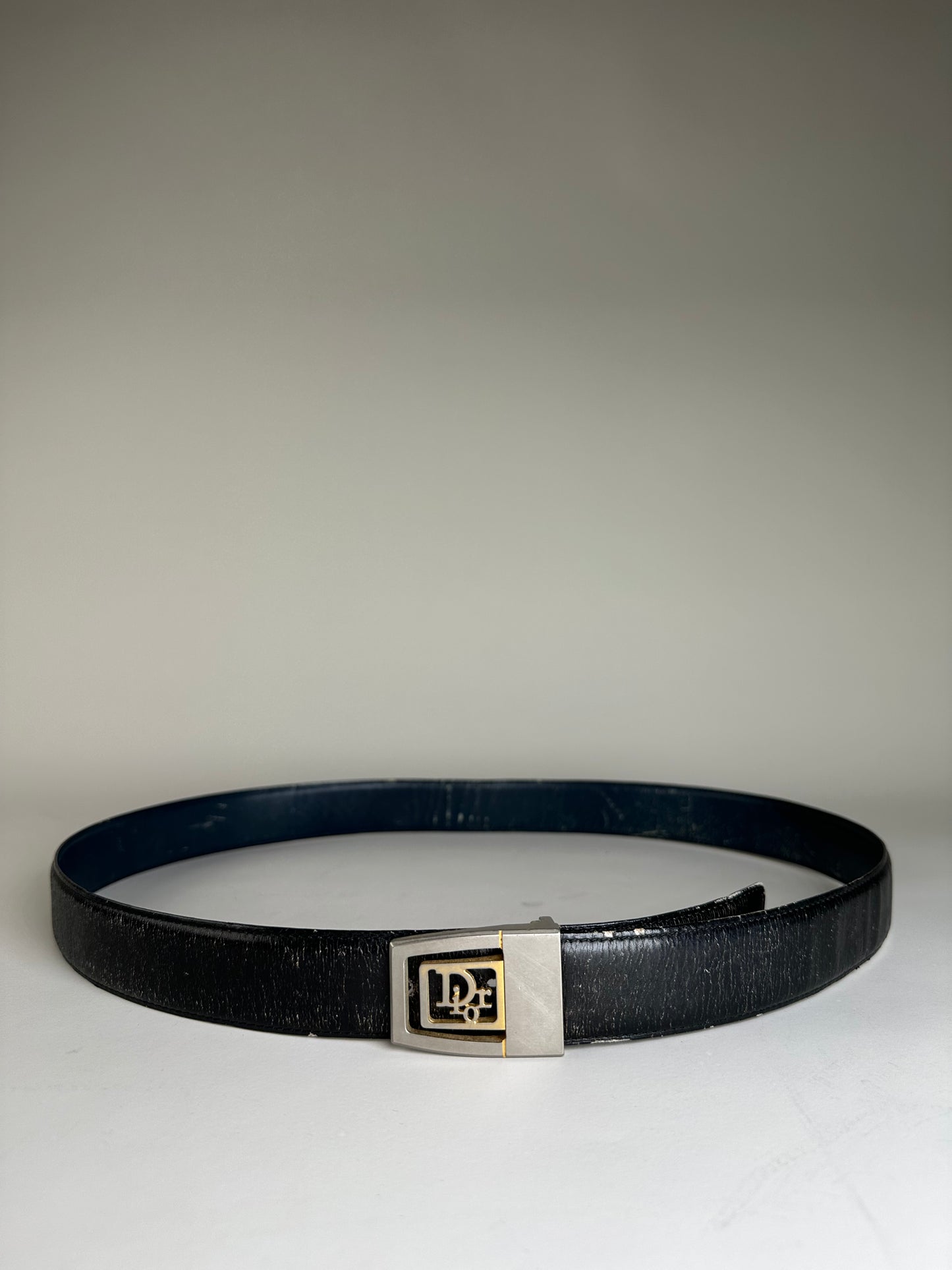 Vintage Dior Monogram Logo Leather Belt Black Silver