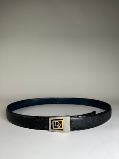 Vintage Dior Monogram Logo Leather Belt Black Silver