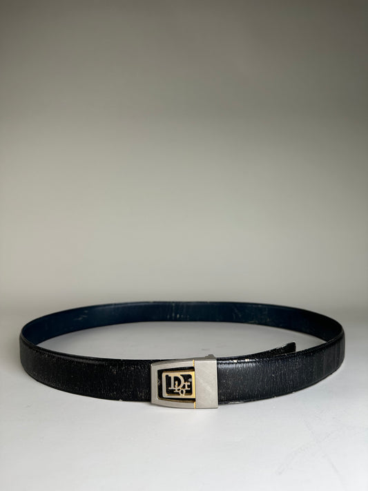 Vintage Dior Monogram Logo Leather Belt Black Silver