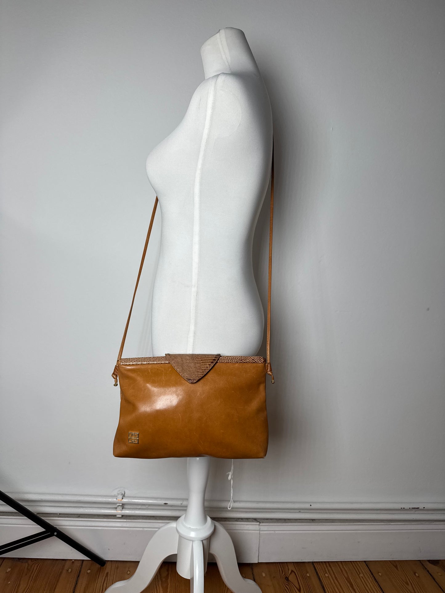 Vintage Givenchy Snake Embossed Leather Crossbody Bag Camel