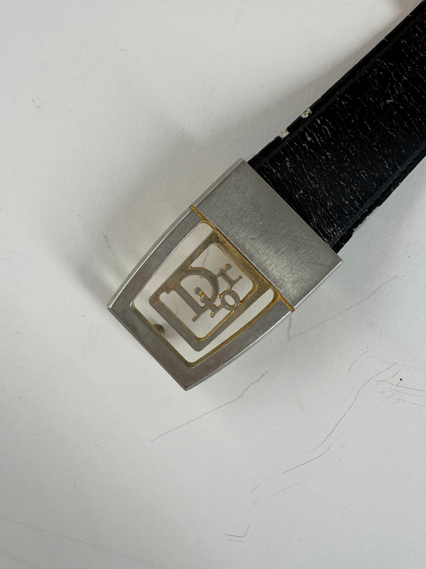 Vintage Dior Monogram Logo Leather Belt Black Silver