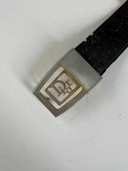 Vintage Dior Monogram Logo Leather Belt Black Silver