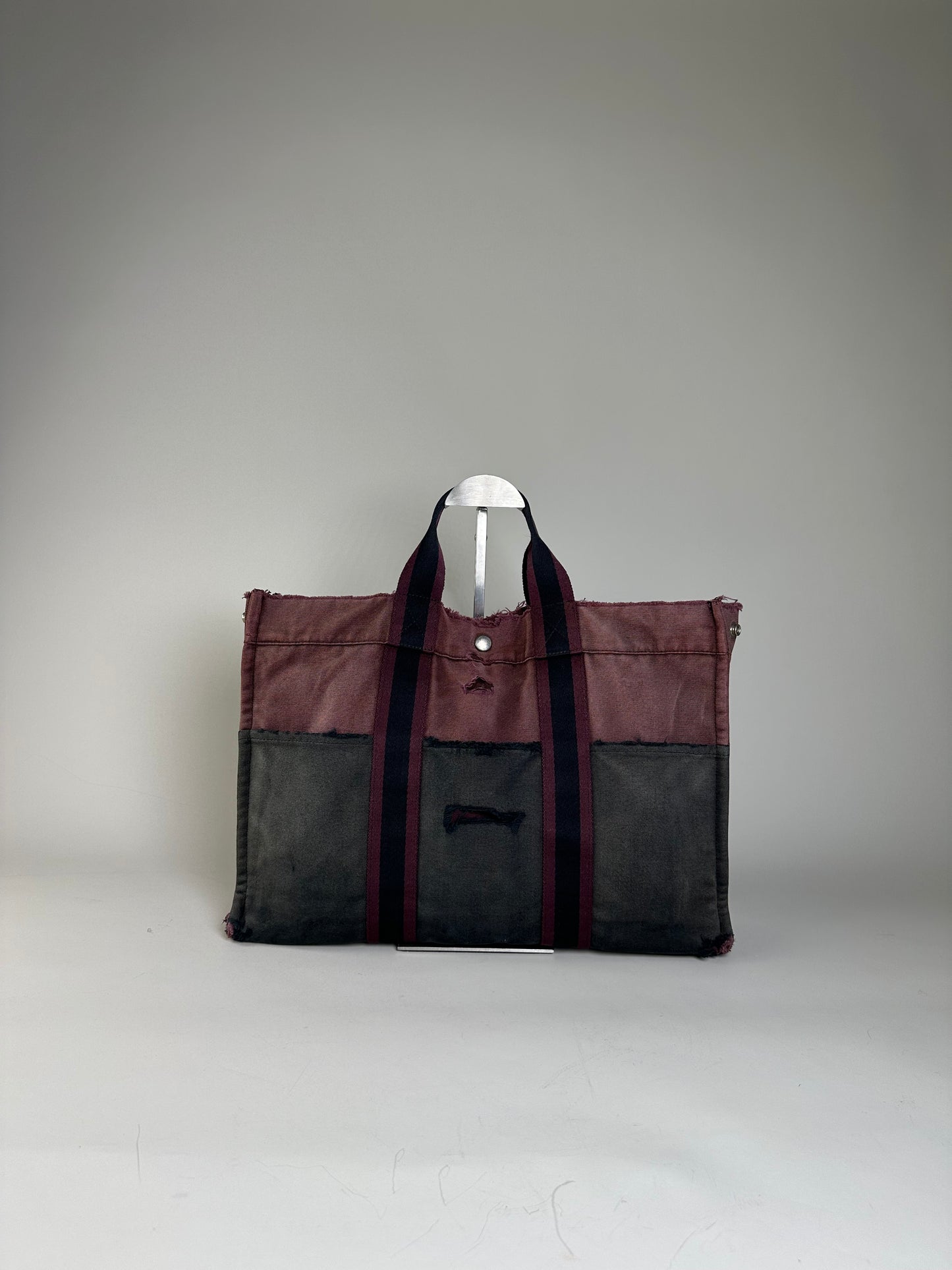Vintage Hermes Cotton Canvas Tote Bag Burgundy Grey
