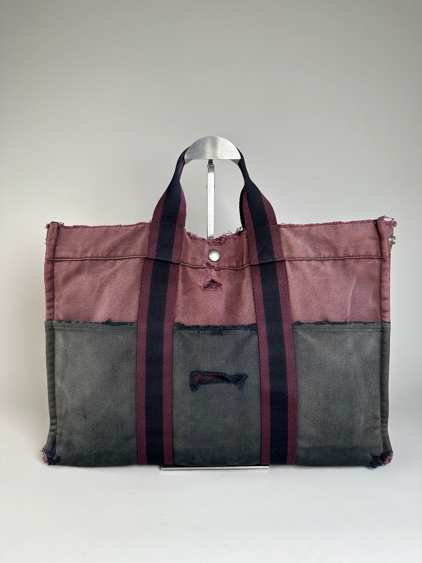 Vintage Hermes Cotton Canvas Tote Bag Burgundy Grey