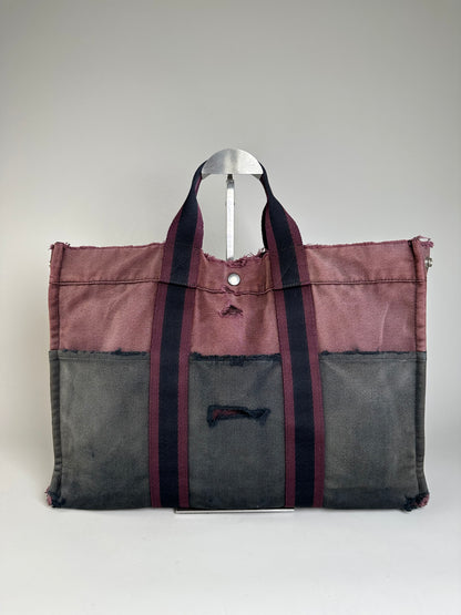 Vintage Hermes Cotton Canvas Tote Bag Burgundy Grey