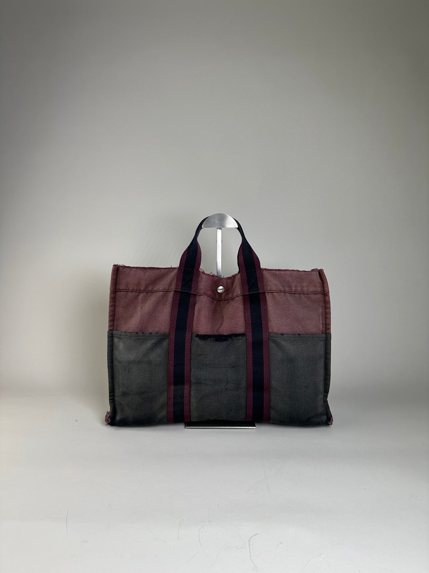 Vintage Hermes Cotton Canvas Tote Bag Burgundy Grey