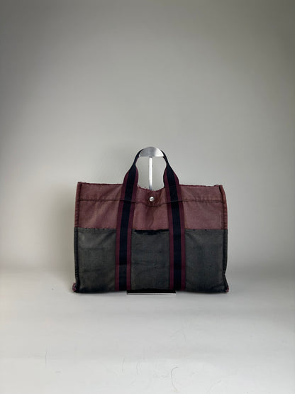 Vintage Hermes Cotton Canvas Tote Bag Burgundy Grey