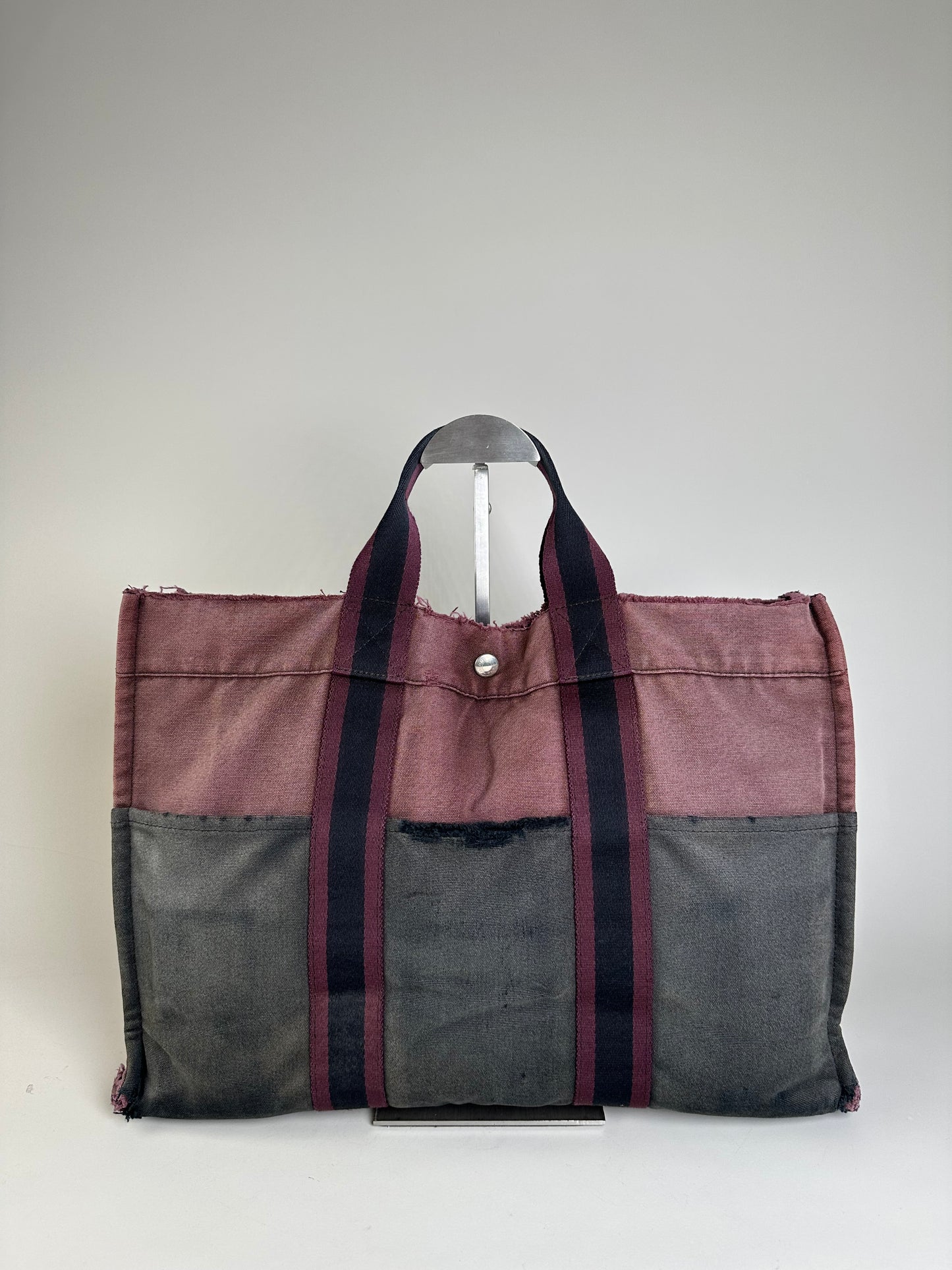 Vintage Hermes Cotton Canvas Tote Bag Burgundy Grey