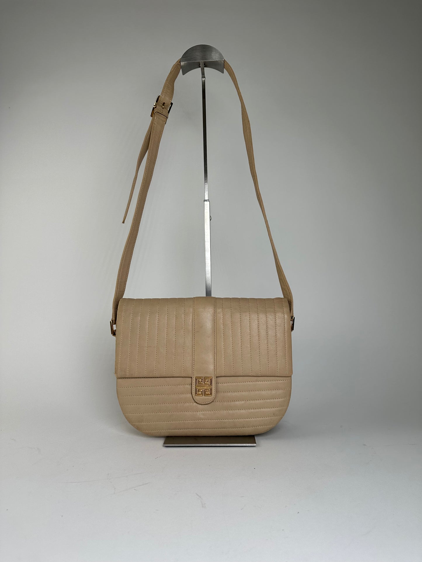 Vintage Givenchy Quilted Leather Shoulder Bag Beige Gold