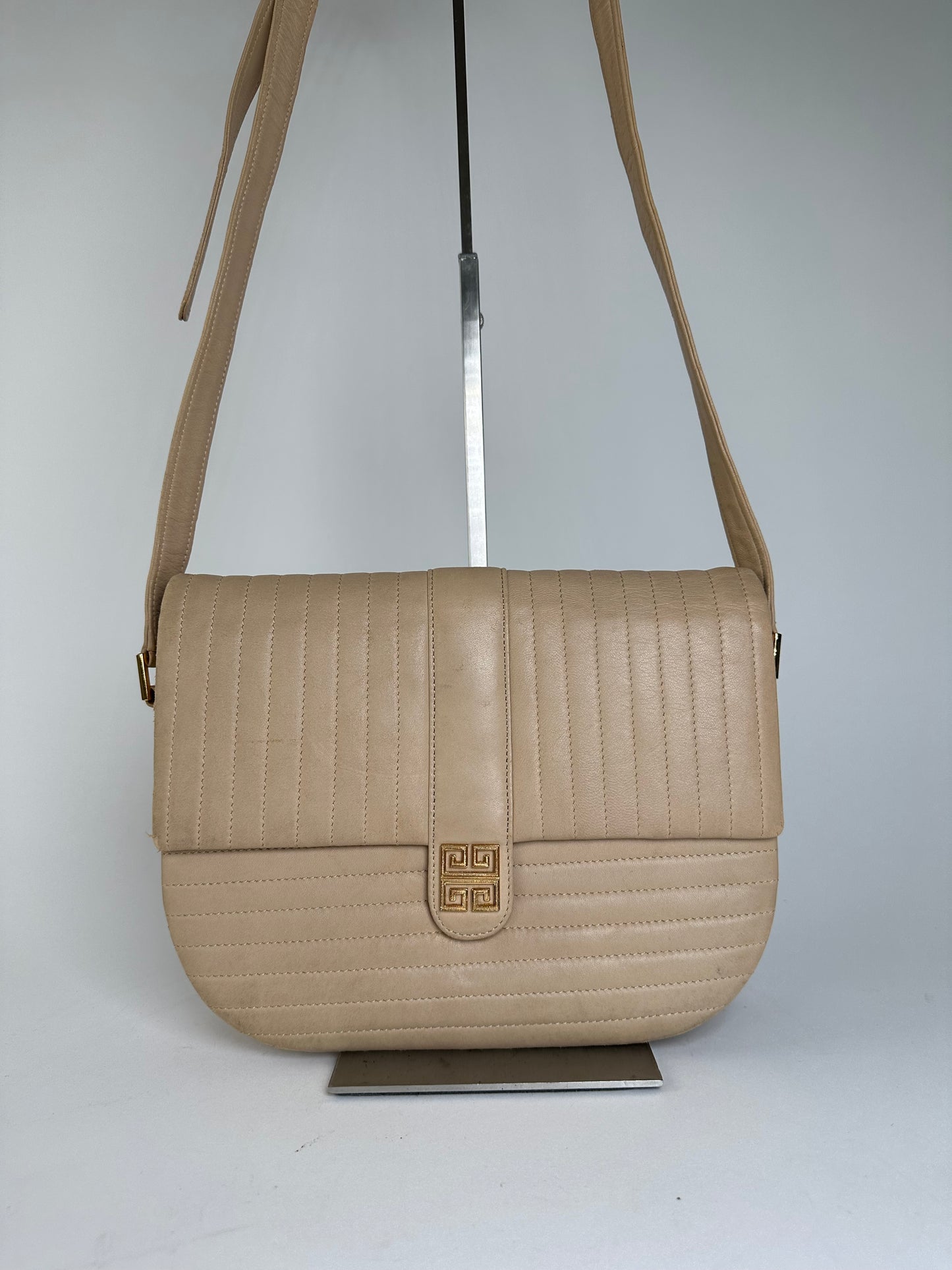 Vintage Givenchy Quilted Leather Shoulder Bag Beige Gold
