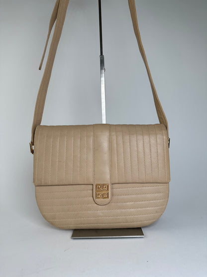 Vintage Givenchy Quilted Leather Shoulder Bag Beige Gold
