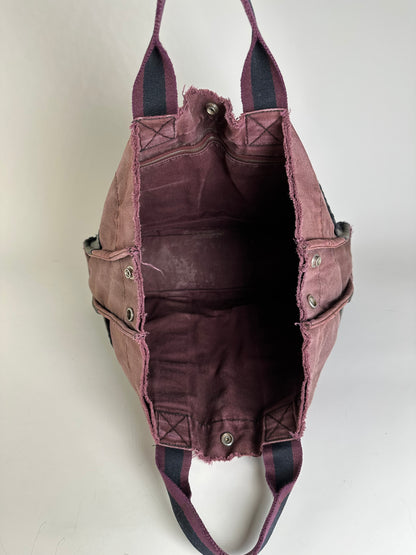 Vintage Hermes Cotton Canvas Tote Bag Burgundy Grey