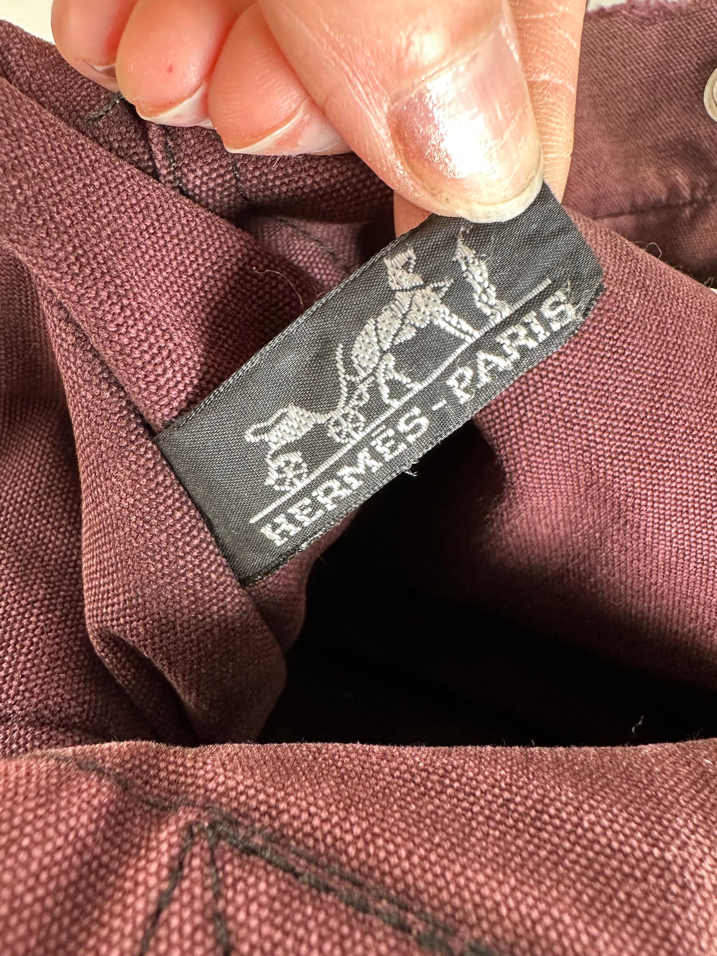 Vintage Hermes Cotton Canvas Tote Bag Burgundy Grey