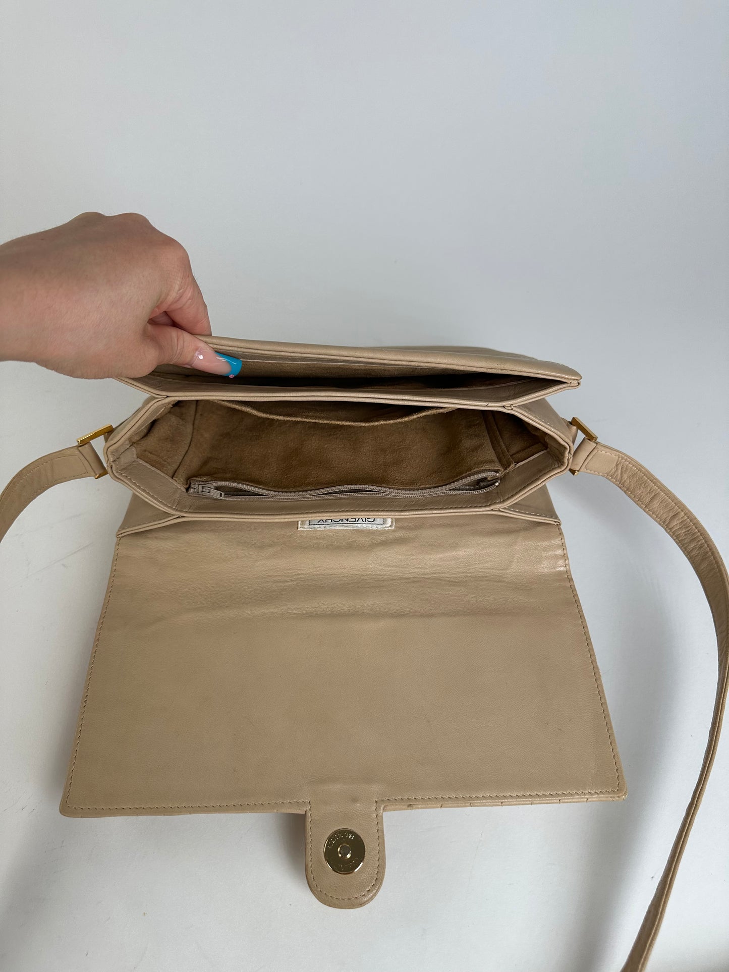 Vintage Givenchy Quilted Leather Shoulder Bag Beige Gold