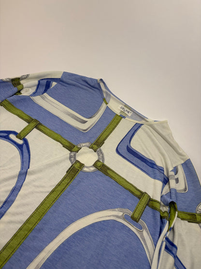 Vintage Celine Graphic Jersey Tunic Top Blue Green M