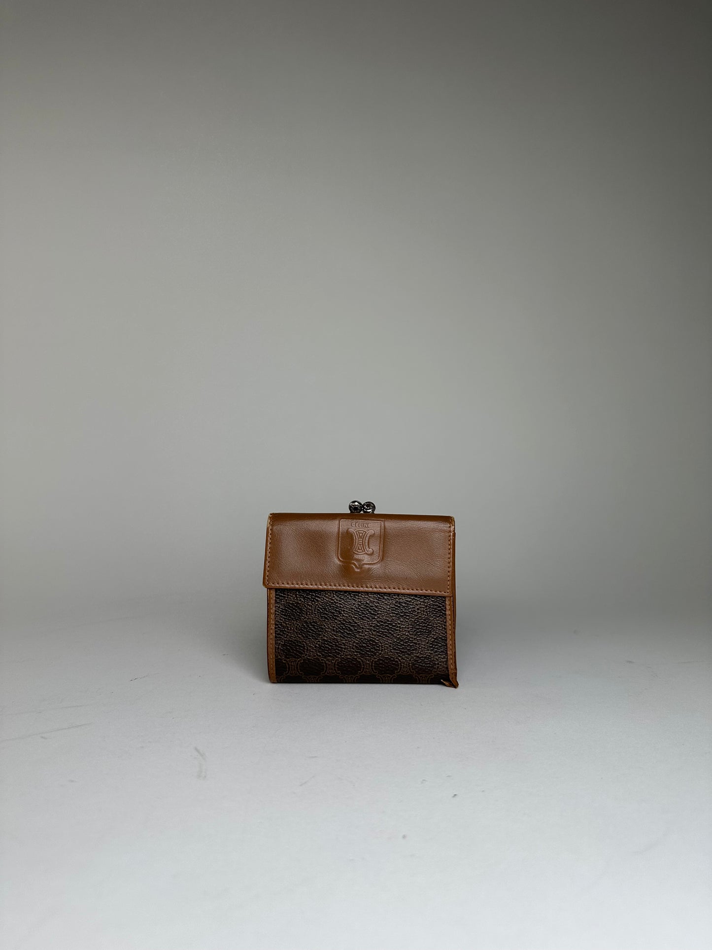 Vintage Celine Coated Canvas Wallet Brown Tan Silver