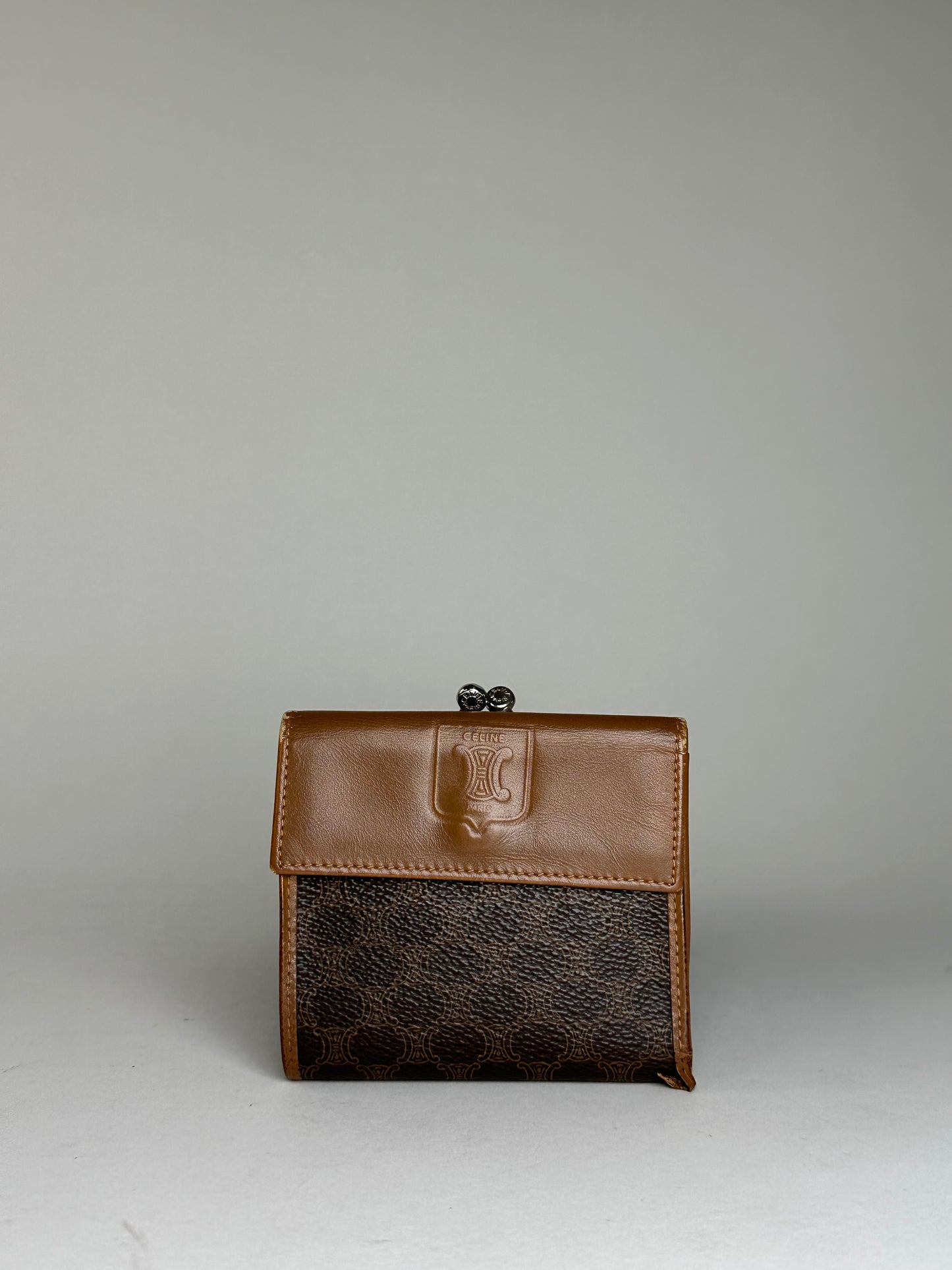 Vintage Celine Coated Canvas Wallet Brown Tan Silver