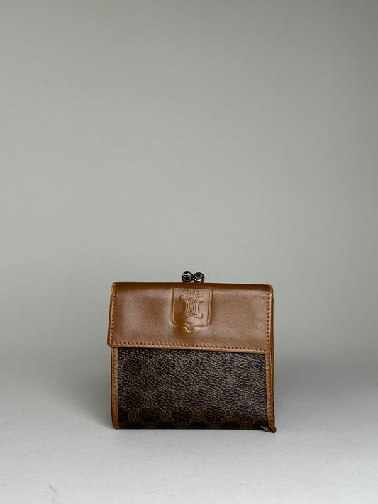 Vintage Celine Coated Canvas Wallet Brown Tan Silver