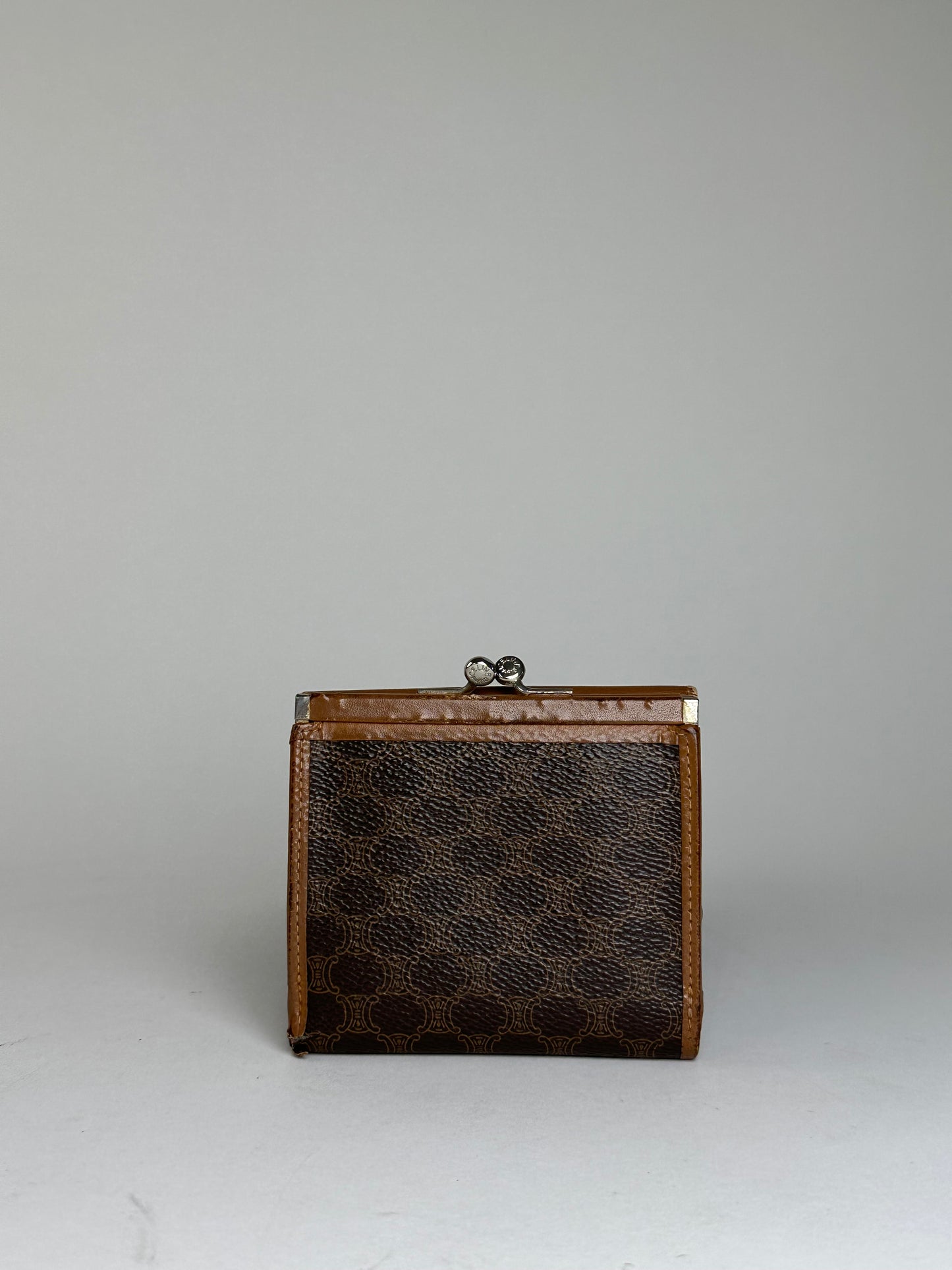 Vintage Celine Coated Canvas Wallet Brown Tan Silver