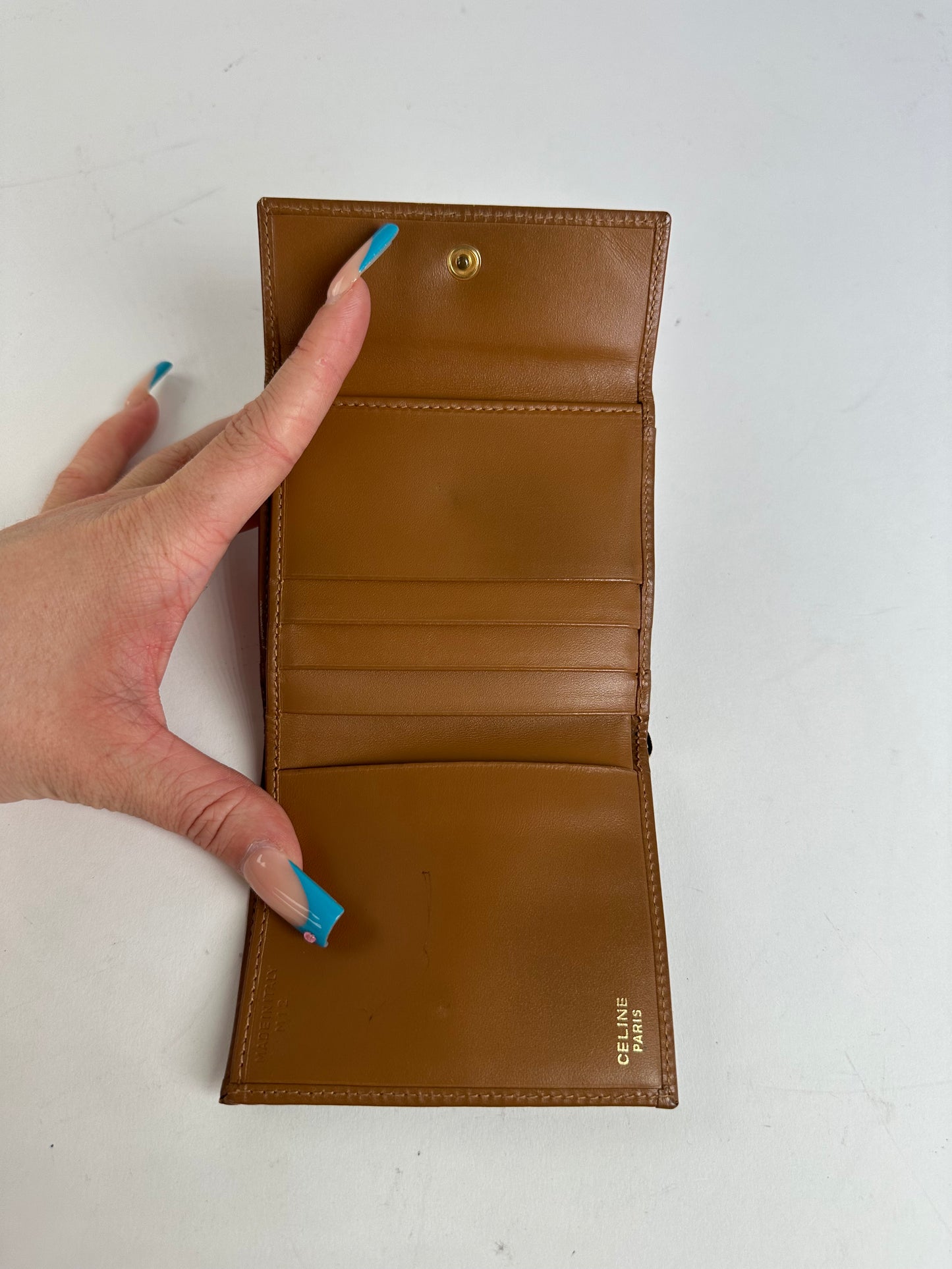 Vintage Celine Coated Canvas Wallet Brown Tan Silver