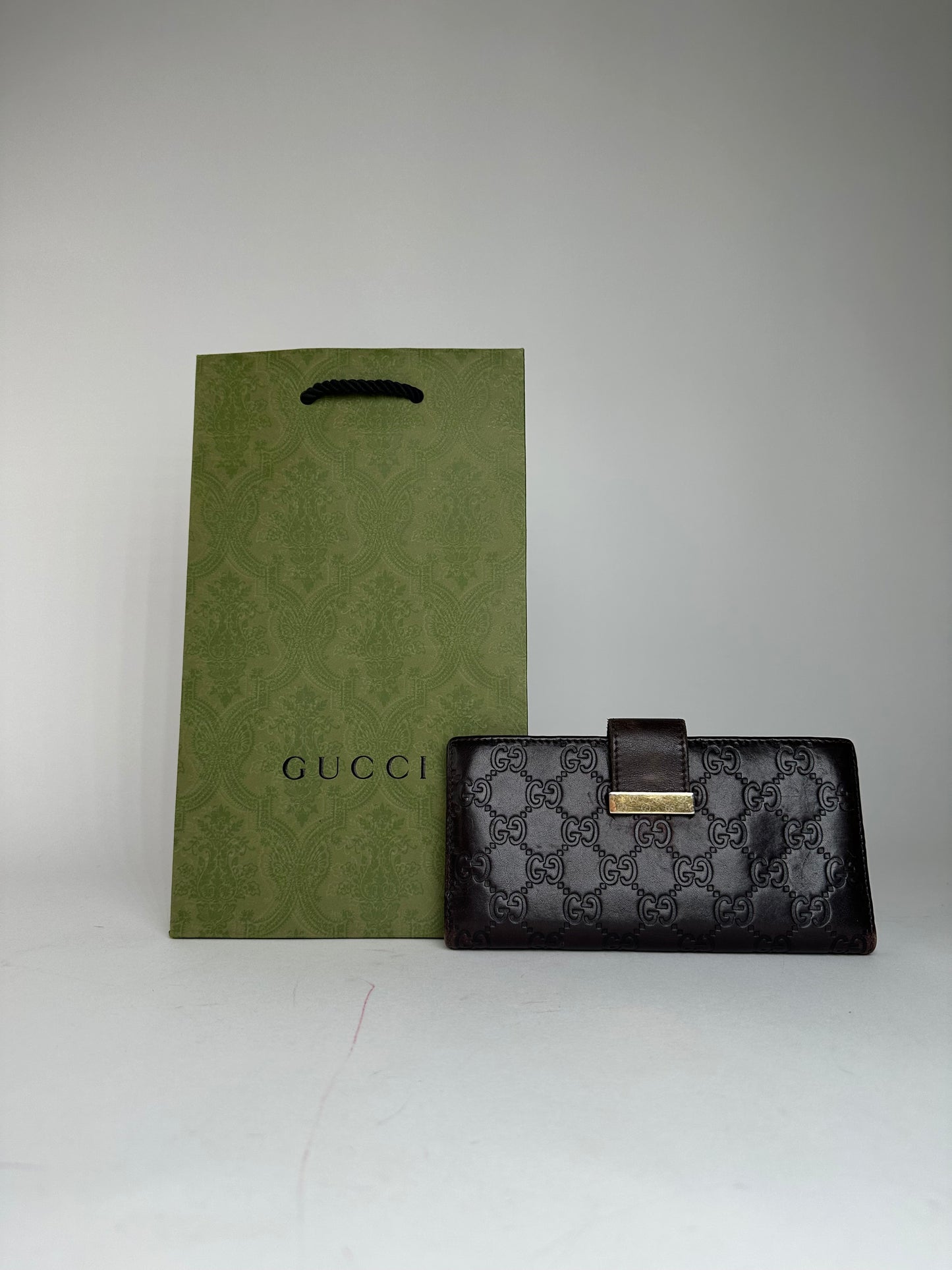 Vintage Gucci Leather Monogram Long Wallet Brown