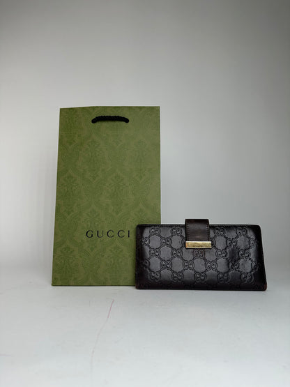 Vintage Gucci Leather Monogram Long Wallet Brown