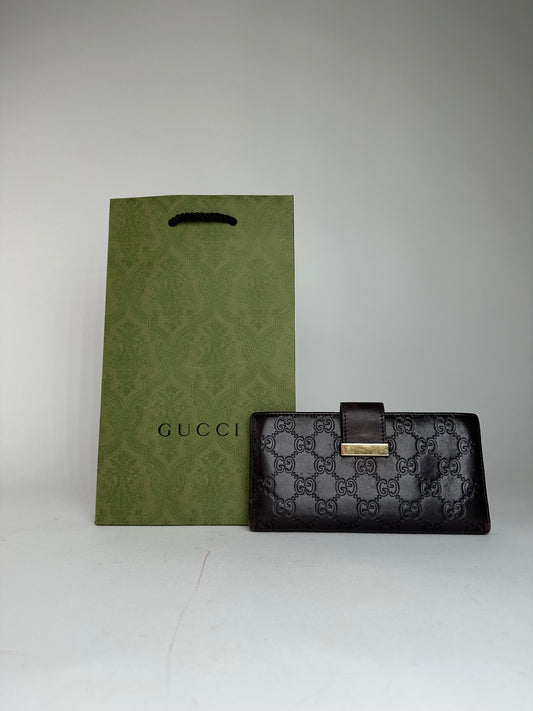 Vintage Gucci Leather Monogram Long Wallet Brown