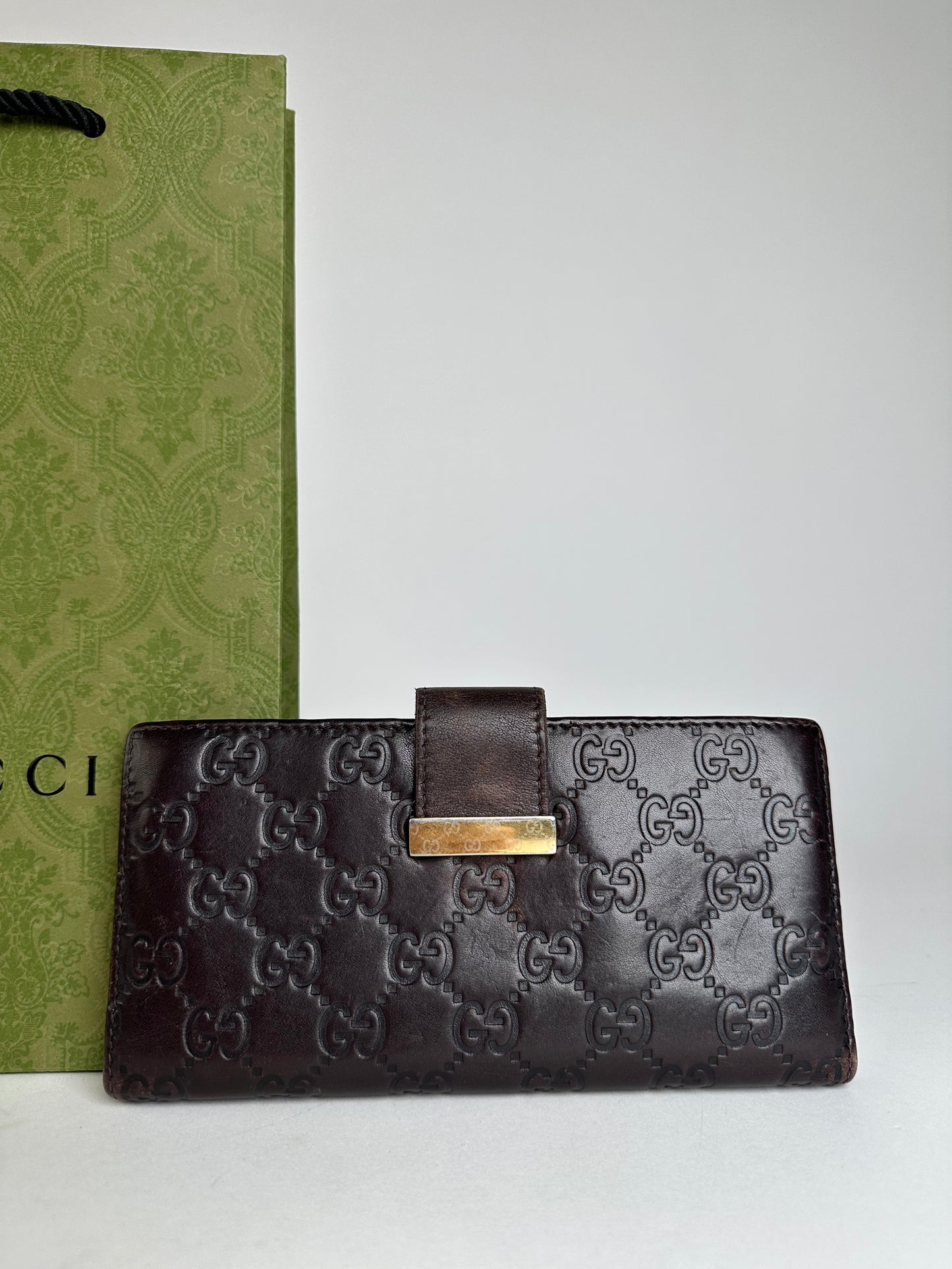 Vintage Gucci Leather Monogram Long Wallet Brown