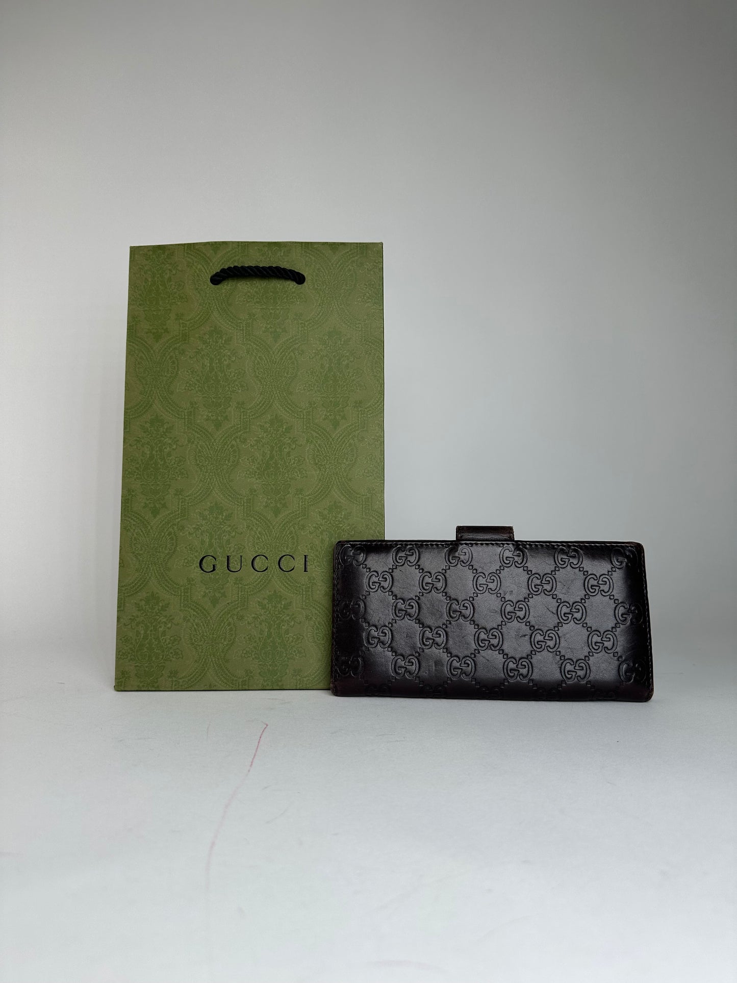 Vintage Gucci Leather Monogram Long Wallet Brown