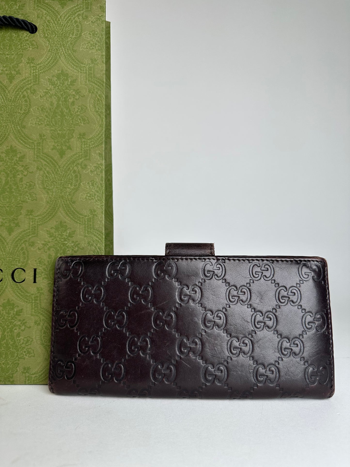 Vintage Gucci Leather Monogram Long Wallet Brown